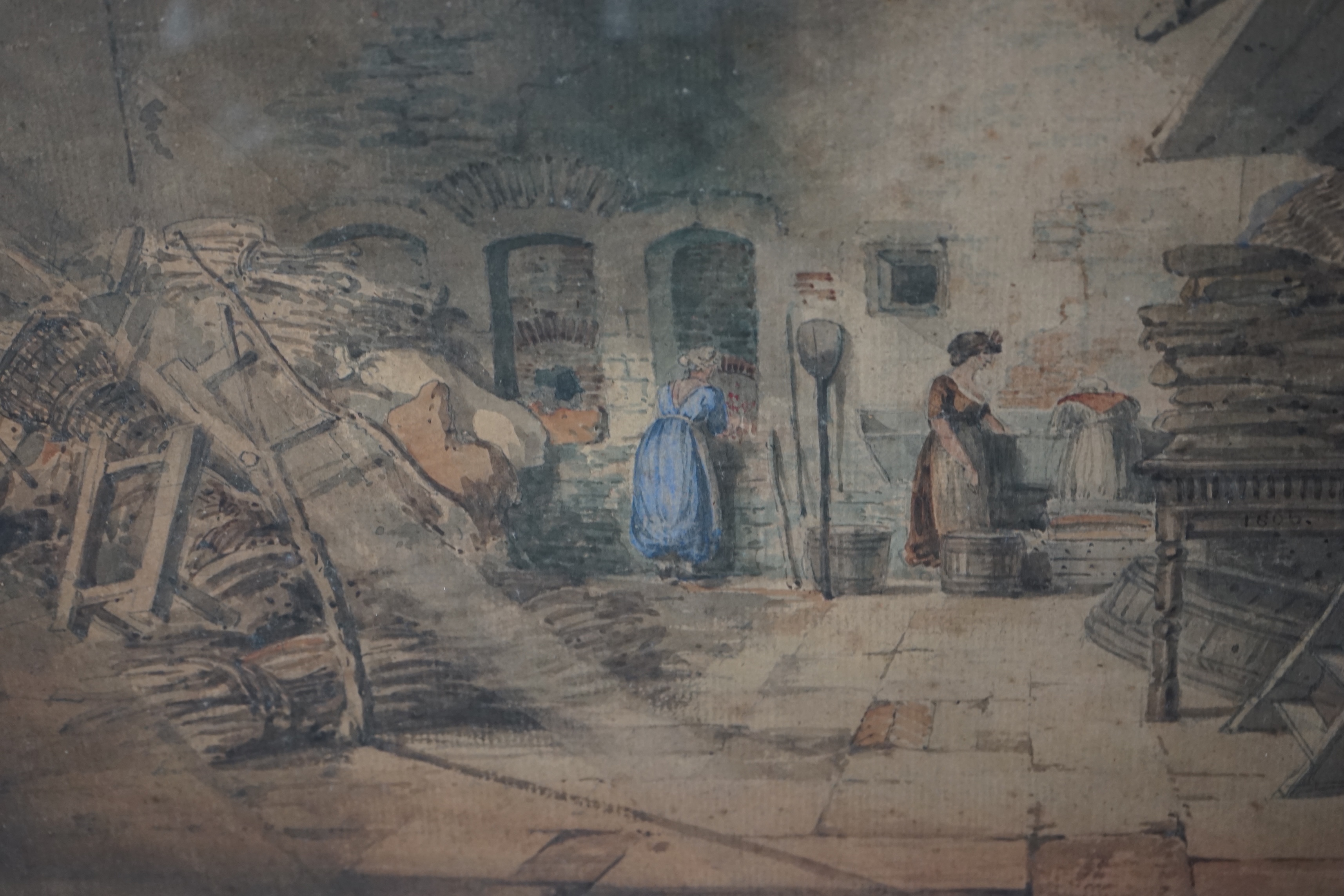 William Alfred Delamotte (English, 1775-1863), watercolour, The Kitchen at Harcourt, dated 1806, 66 x 52cm. Condition - fair